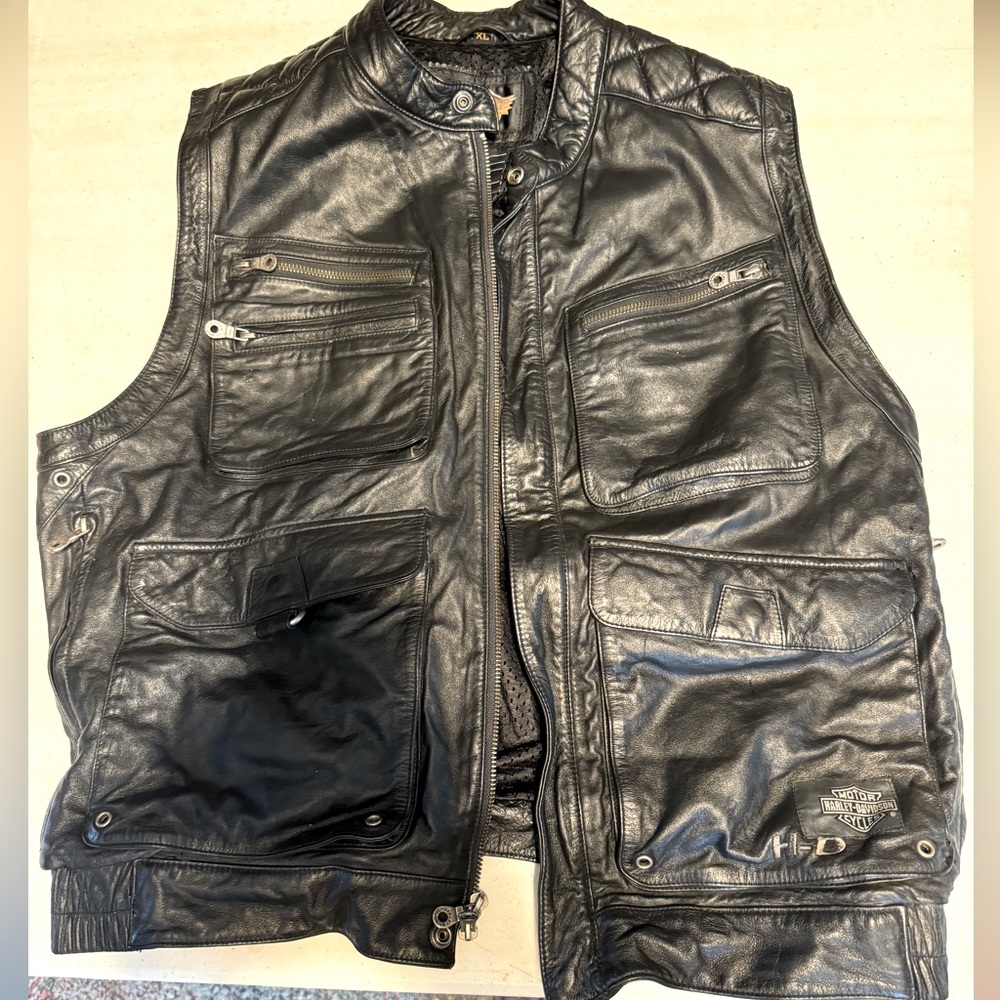 Harley Davidson leather motorcycle vest and rain boot covers